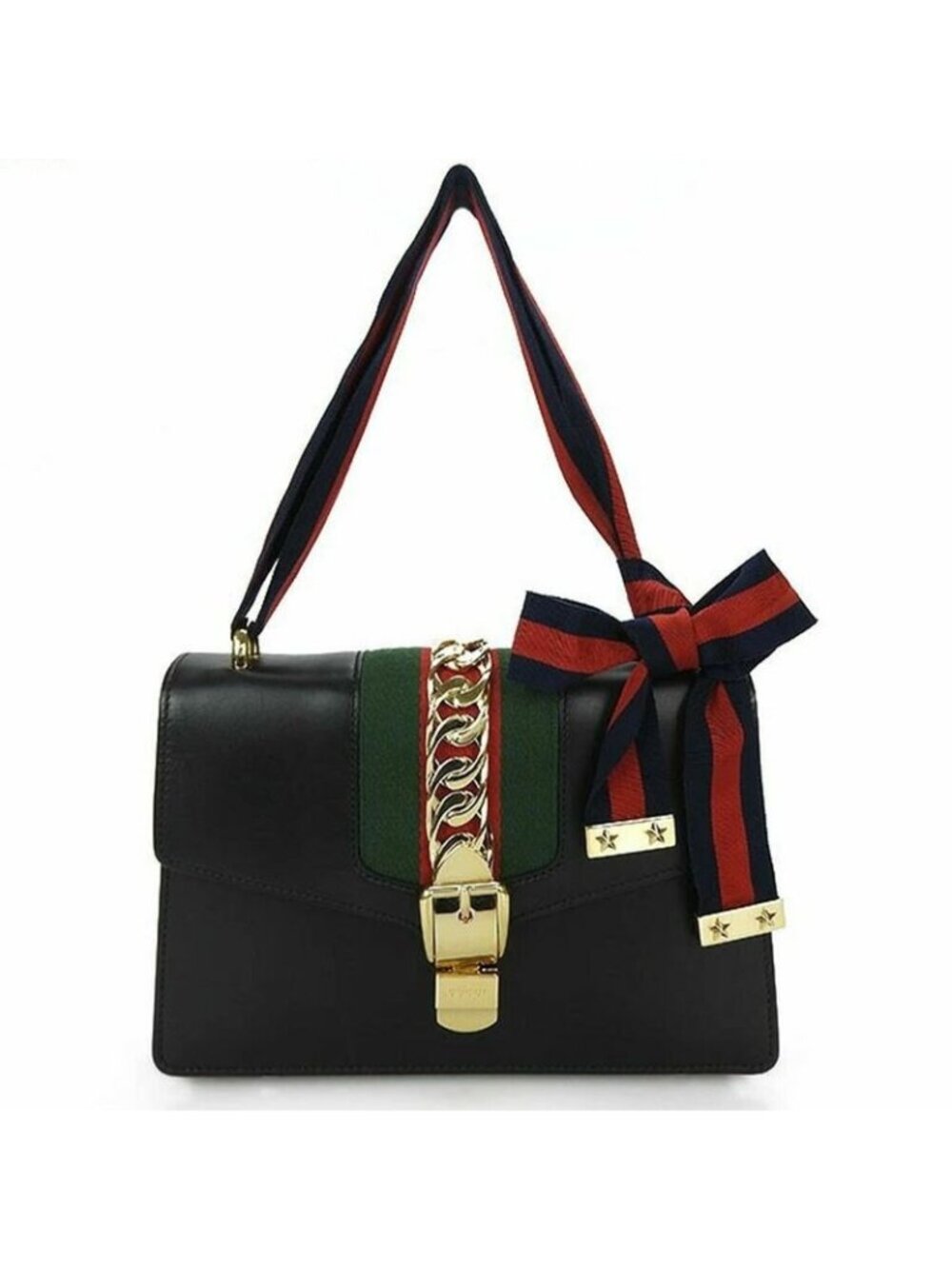 Gucci Shoulder Bag Sylvie Small Webline Leather Black Gold Hardware